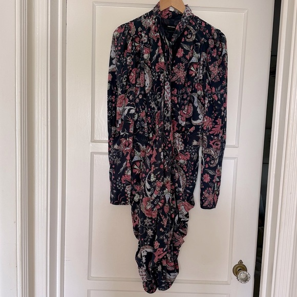 Isabel Marant Batoa Dress Navy Pink Floral Silk Crepe Long Sleeved Neck Tie NWOT - Picture 11 of 16